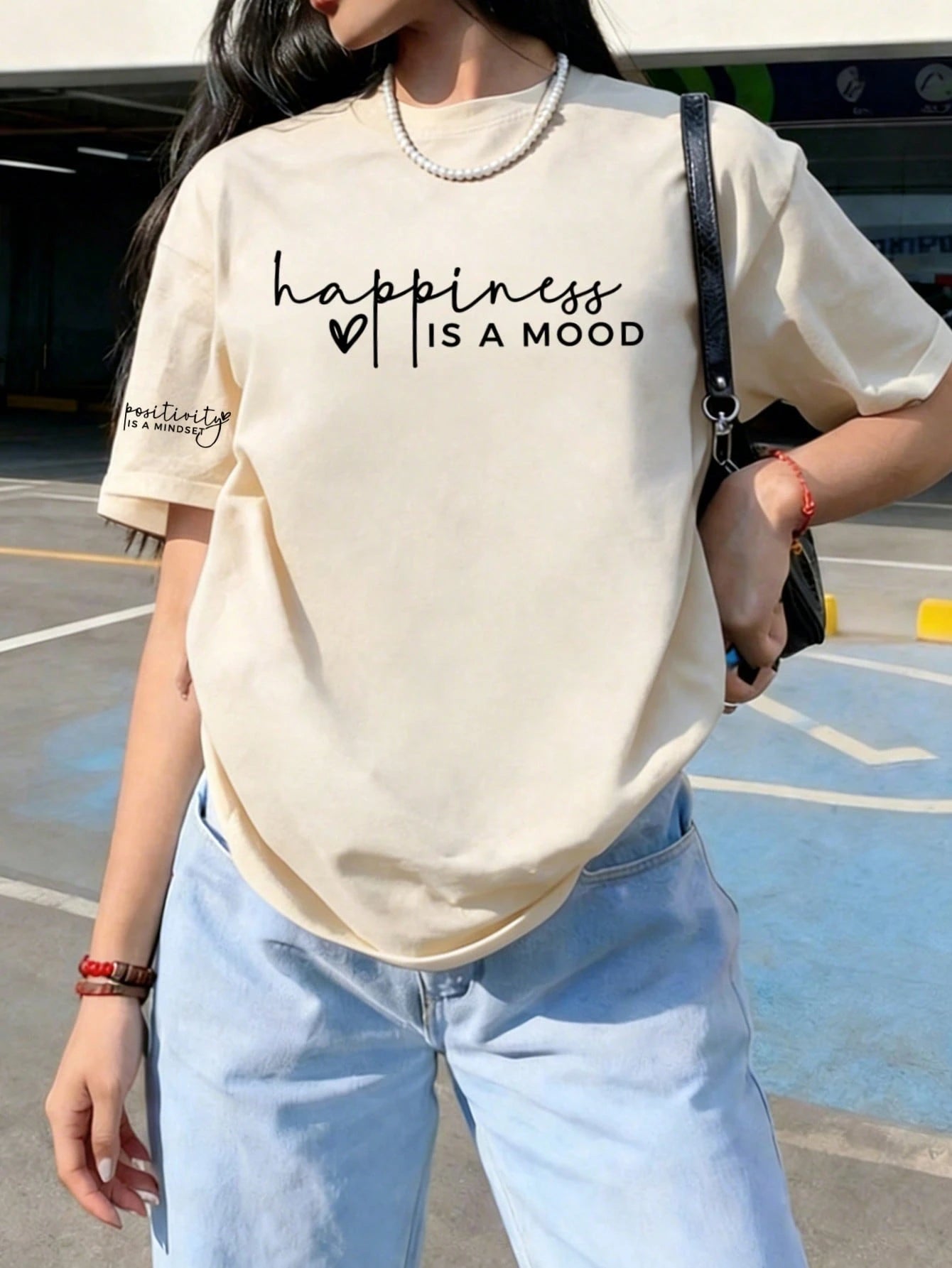 Women's Regular Length Knit Fabric T-Shirt With Positive & Happy Quotes, Minimalist Fashion White