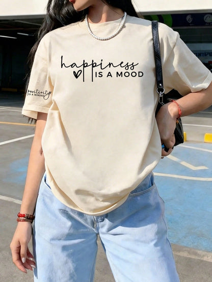 Women's Regular Length Knit Fabric T-Shirt With Positive & Happy Quotes, Minimalist Fashion White