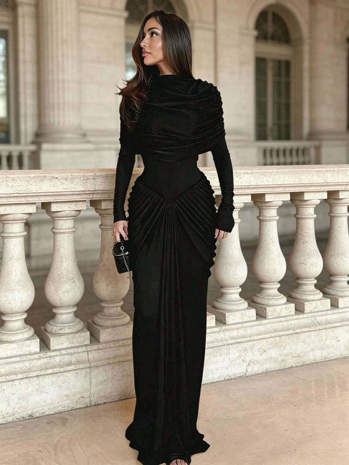 Women's Romantic Dark Blue Elegant Fashion Cape Design Asymmetrical Neckline Chiffon & Knit 3D Tailored Fitted Mermaid Maxi Dress For Date & Black