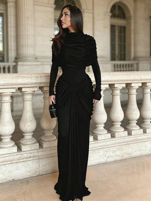Women's Romantic Dark Blue Elegant Fashion Cape Design Asymmetrical Neckline Chiffon & Knit 3D Tailored Fitted Mermaid Maxi Dress For Date & Black