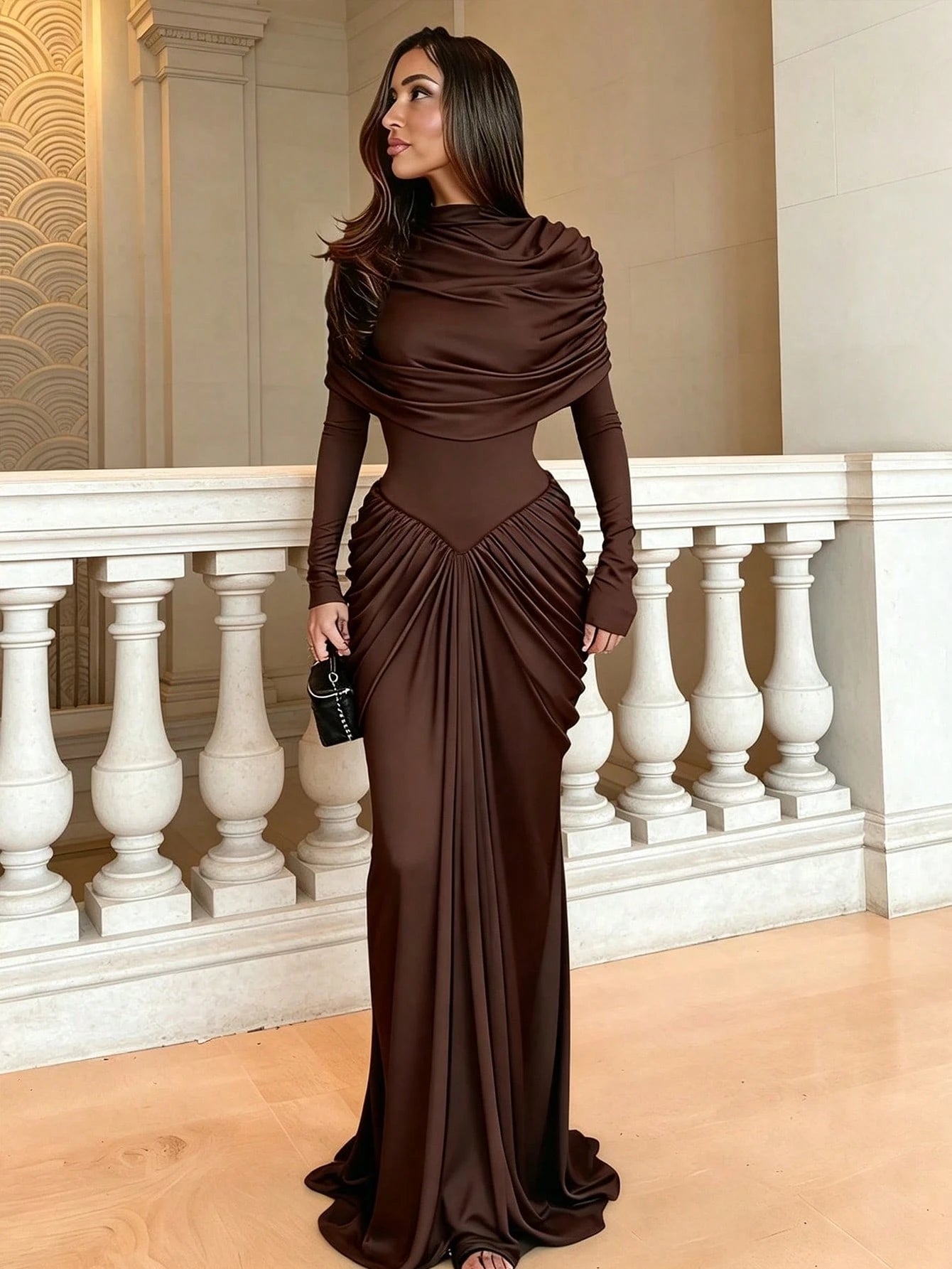 Women's Romantic Dark Blue Elegant Fashion Cape Design Asymmetrical Neckline Chiffon & Knit 3D Tailored Fitted Mermaid Maxi Dress For Date & Black