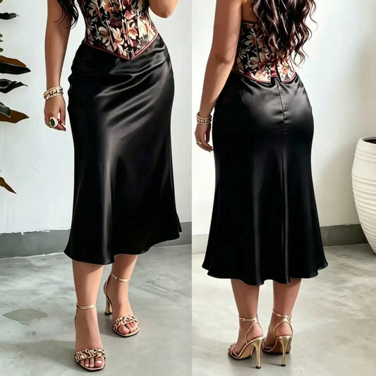 Women's Satin Midi Skirt, Elegant Date, High Waist Silk Skirt, Valentine's Day Formal Skirt, Evening Party Bottom, Minimalist Formal Black