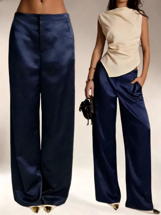 Women's Satin Silk Solid Color Pants With Pockets And Zipper, Suitable For Vacation, Office, Brunch, Airport, All Seasons Spring Summer