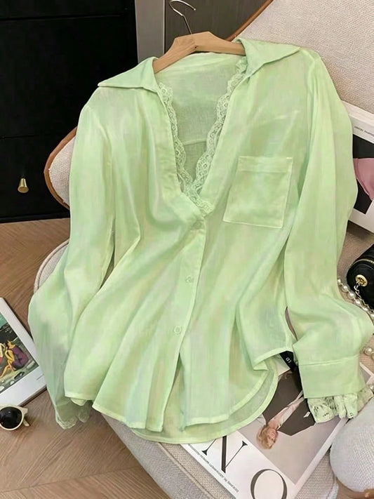 Women's Semi-Transparent Polyester Shirt With Contrast Lace Details, Long Sleeve Button-Up Blouse, Casual Spring Shirt