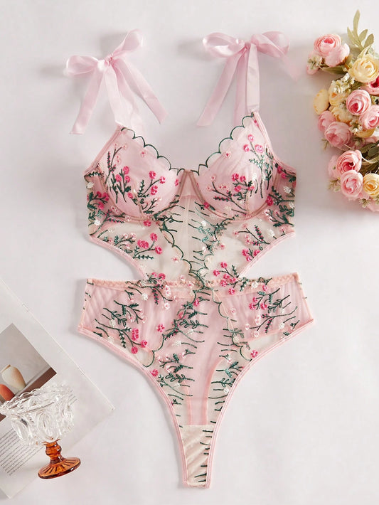 Women's Sexy Floral Embroidered Mesh Tie-Up Design Pink Jumpsuit, Sweet Sheer Alluring Minimalist Sexy Sexy Bra Jumpsuit For Valentine's Day, Honeymoon, Bedroom, Nightclub Atmosphere