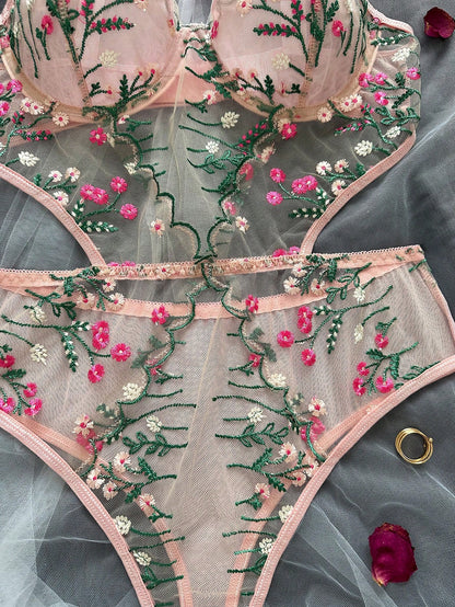 Women's Sexy Floral Embroidered Mesh Tie-Up Design Pink Jumpsuit, Sweet Sheer Alluring Minimalist Sexy Sexy Bra Jumpsuit For Valentine's Day, Honeymoon, Bedroom, Nightclub Atmosphere