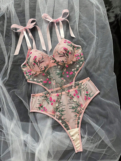 Women's Sexy Floral Embroidered Mesh Tie-Up Design Pink Jumpsuit, Sweet Sheer Alluring Minimalist Sexy Sexy Bra Jumpsuit For Valentine's Day, Honeymoon, Bedroom, Nightclub Atmosphere