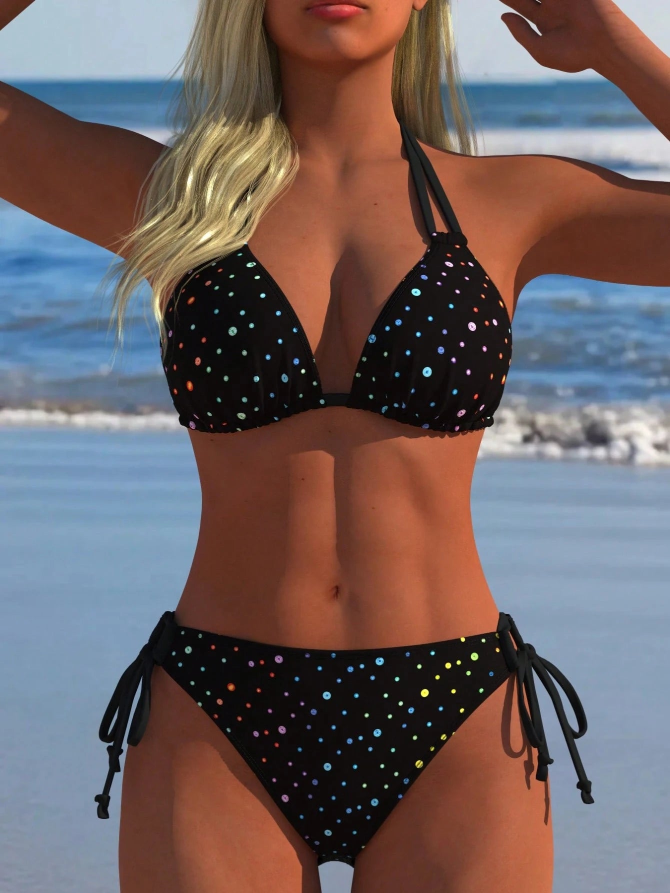 Women's Sexy Halter Bikini Set, Colorful Polka Dot Print Two Pieces Swimwear, Beach New Style, Vacationcore Black Summer