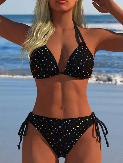 Women's Sexy Halter Bikini Set, Colorful Polka Dot Print Two Pieces Swimwear, Beach New Style, Vacationcore Black Summer