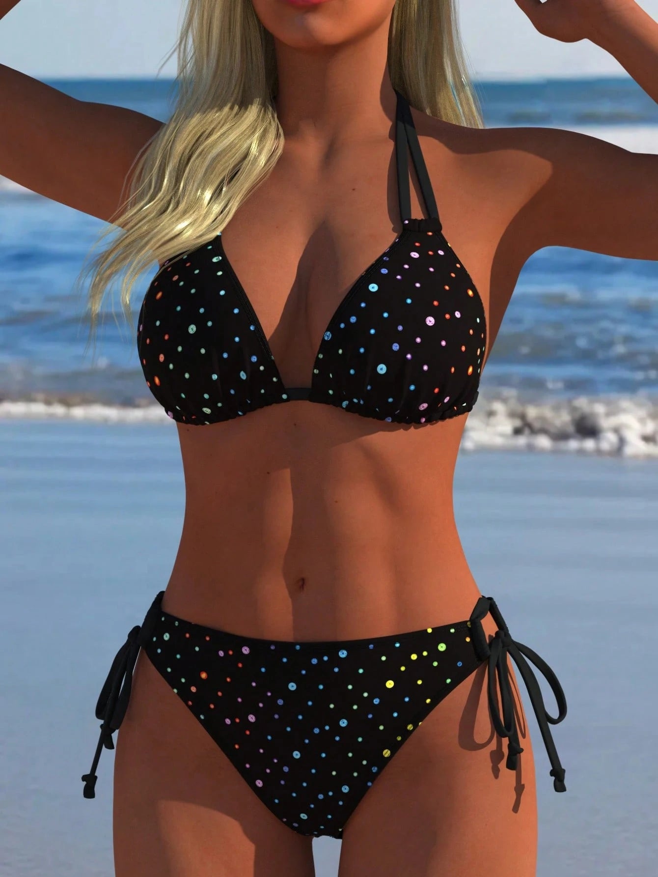 Women's Sexy Halter Bikini Set, Colorful Polka Dot Print Two Pieces Swimwear, Beach New Style, Vacationcore Black Summer