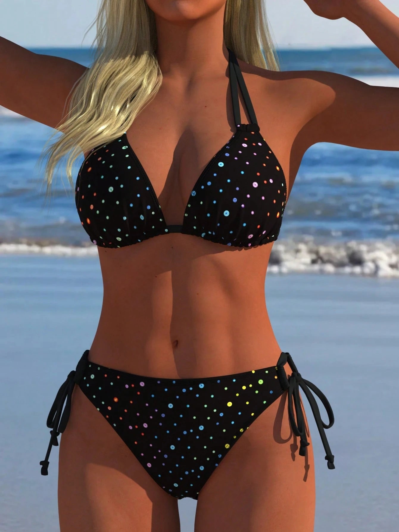 Women's Sexy Halter Bikini Set, Colorful Polka Dot Print Two Pieces Swimwear, Beach New Style, Vacationcore Black Summer