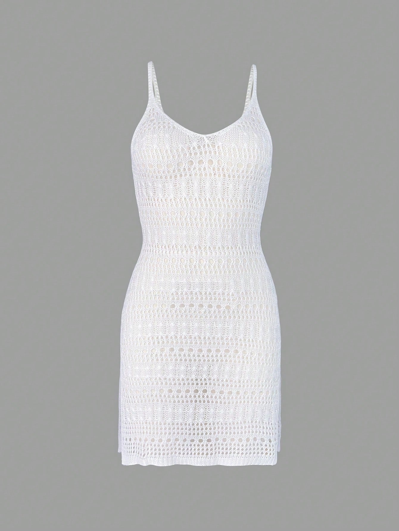 Women's Sexy Hollow Out Sheer Open Slit Sleeveless Camisole Mini Cover Up Dress Vacation Beach White Summer, Vacationcore