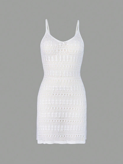 Women's Sexy Hollow Out Sheer Open Slit Sleeveless Camisole Mini Cover Up Dress Vacation Beach White Summer, Vacationcore