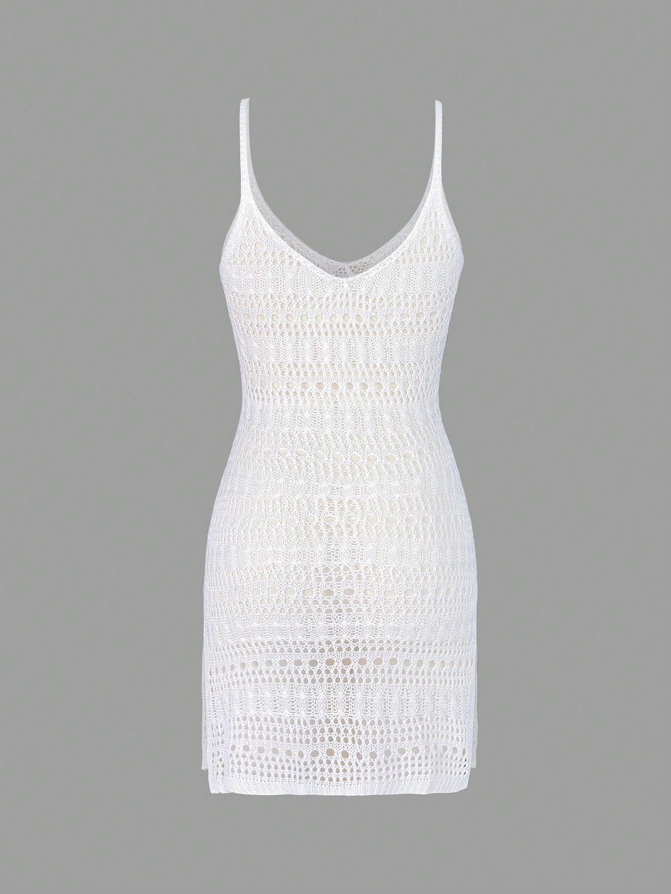 Women's Sexy Hollow Out Sheer Open Slit Sleeveless Camisole Mini Cover Up Dress Vacation Beach White Summer, Vacationcore