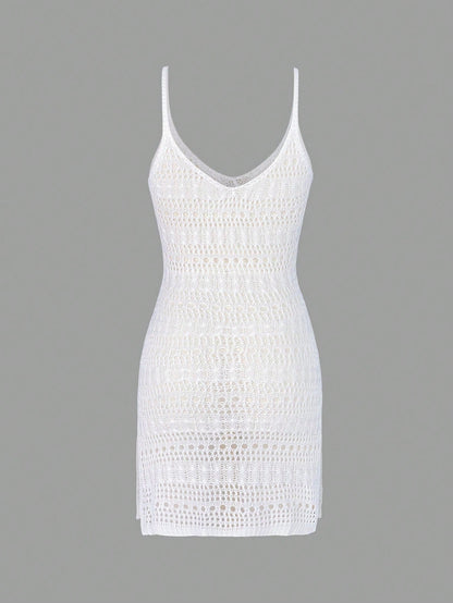 Women's Sexy Hollow Out Sheer Open Slit Sleeveless Camisole Mini Cover Up Dress Vacation Beach White Summer, Vacationcore