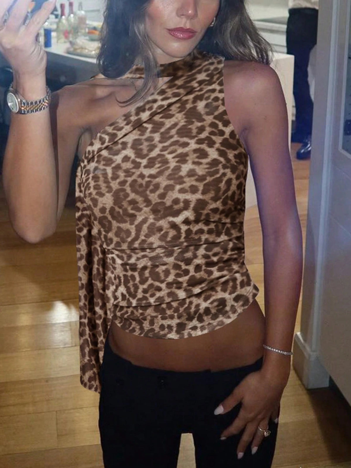 Women's Sexy Leopard Print Crop Top, Fitted Camisole, Fashionable Street Style For Party And Vacation, Spring/Summer Casual Black, Y2K Aesthetic