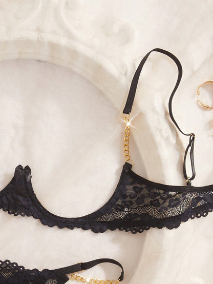 Women's Sexy Lingerie Set, Black Leopard Print Lace Trim With Gold Chain, 1/4 Cup Cutout Hollow Design, Breathable Unpadded Adjustable Straps 2-Piece Set