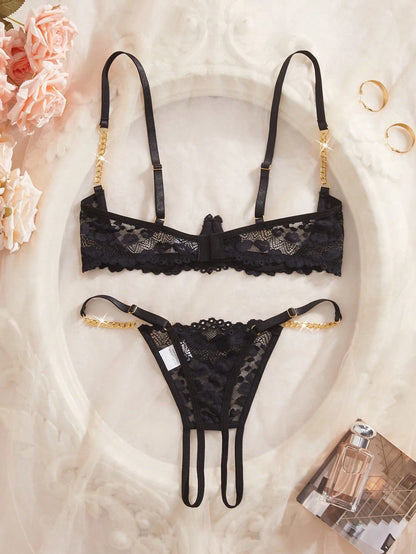 Women's Sexy Lingerie Set, Black Leopard Print Lace Trim With Gold Chain, 1/4 Cup Cutout Hollow Design, Breathable Unpadded Adjustable Straps 2-Piece Set