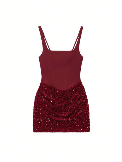 Women's Sexy Sequin Mini Dress, Square Neck, Fitted, Elegant Sexy Party Wedding Evening Gown Vacation Summer Red