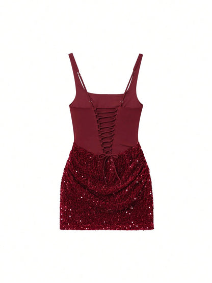 Women's Sexy Sequin Mini Dress, Square Neck, Fitted, Elegant Sexy Party Wedding Evening Gown Vacation Summer Red