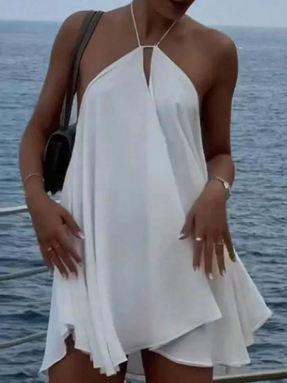 Women's Sexy Vacation Mini Halter Neck Dress, Backless Tie Strap Mini Dress Summer Party Elegant White