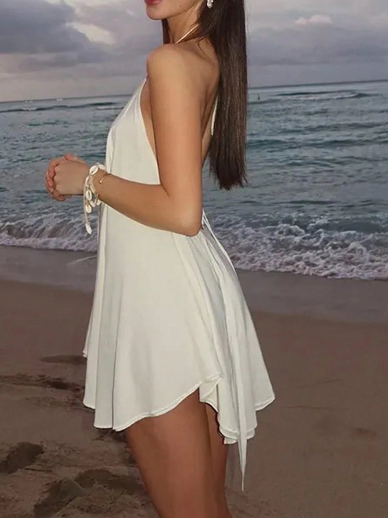 Women's Sexy Vacation Mini Halter Neck Dress, Backless Tie Strap Mini Dress Summer Party Elegant White