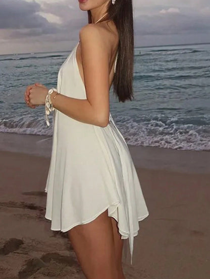 Women's Sexy Vacation Mini Halter Neck Dress, Backless Tie Strap Mini Dress Summer Party Elegant White