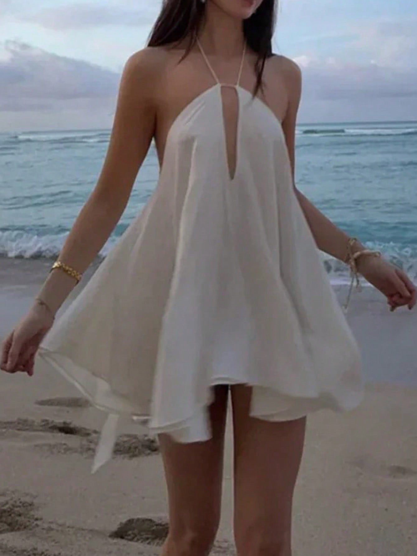 Women's Sexy Vacation Mini Halter Neck Dress, Backless Tie Strap Mini Dress Summer Party Elegant White