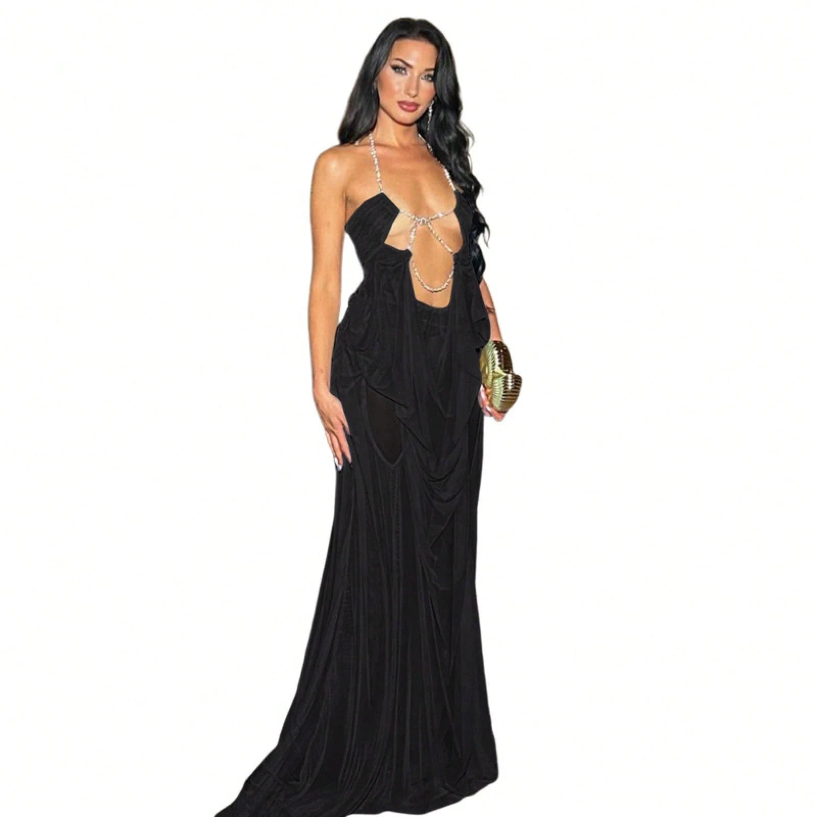 Women's Sheer Mesh Long Dress Club Outfit Rhinestone Spaghetti Strap Cutout Bodycon See Through Evening Party Long Dress