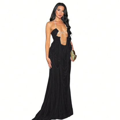 Women's Sheer Mesh Long Dress Club Outfit Rhinestone Spaghetti Strap Cutout Bodycon See Through Evening Party Long Dress