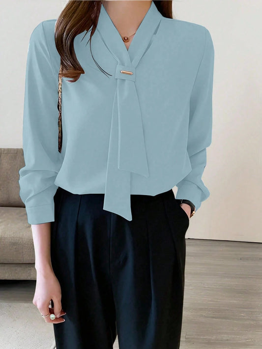 Women's Solid Color Bowknot Design Long Sleeve Elegant Blouse Fall Cloth For Women
