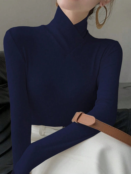 Women's Solid Color Knit Cross Design Stand Collar Base Layer T-Shirt Top, Office New Year Spring Top, Autumn/Winter New Arrival Casual