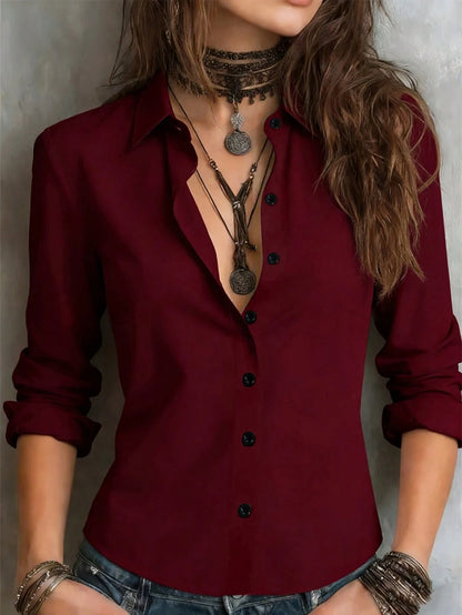 Women's Solid Color Long Sleeve Shirt, Featuring A Collared Design To Showcase A Professional And Capable Demeanor, Made Of Comfortable Fabric.