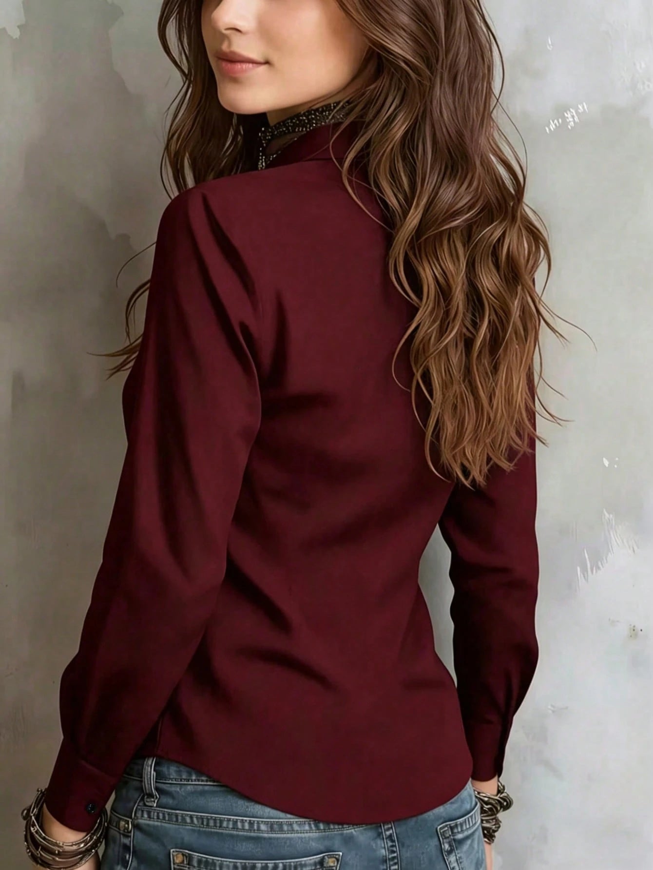 Women's Solid Color Long Sleeve Shirt, Featuring A Collared Design To Showcase A Professional And Capable Demeanor, Made Of Comfortable Fabric.