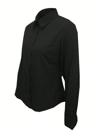Women's Solid Color Long Sleeve Shirt, Featuring A Collared Design To Showcase A Professional And Capable Demeanor, Made Of Comfortable Fabric.