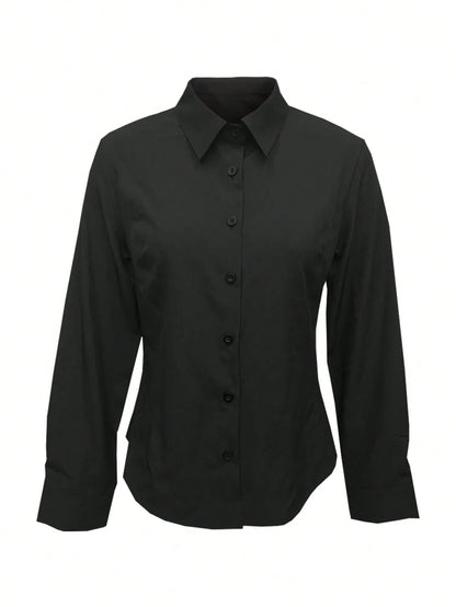 Women's Solid Color Long Sleeve Shirt, Featuring A Collared Design To Showcase A Professional And Capable Demeanor, Made Of Comfortable Fabric.