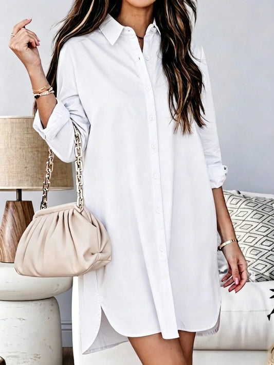Women's Solid Color Single-Breasted Casual Loose High-Low Hem Pocket Versatile Shirt Dress White Spring