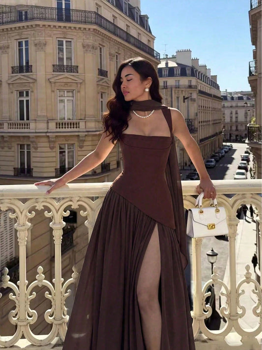 Women's Solid Color Square Neck Backless Tie Ruffle Hem Sexy Vacation Wedding Party Dress Elegant Summer