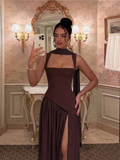 Women's Solid Color Square Neck Backless Tie Ruffle Hem Sexy Vacation Wedding Party Dress Elegant Summer