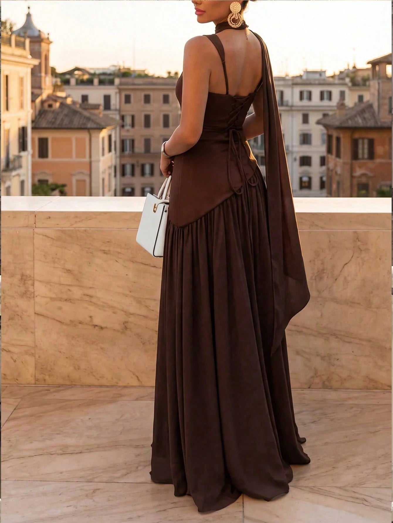 Women's Solid Color Square Neck Backless Tie Ruffle Hem Sexy Vacation Wedding Party Dress Elegant Summer