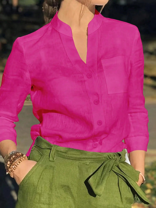 Women's Solid V Neck Button Down Shirt, Long Sleeve Casual Elegant Blouse With Pocket, Daily, Holiday, Travel, Spring Summer Fall Winter Essential