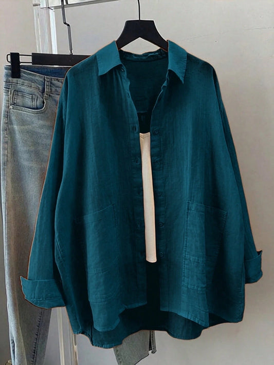 Women's Spring/Summer Solid Color Loose Casual Long Sleeve Shirt With Drop Shoulder Design, Shirt Collar And Front Pocket, Made Of Polyester Fabric For Casual Everyday Look