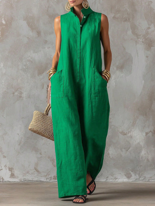 Women's Stand Collar Sleeveless Jumpsuit, Casual Minimalist Style, Loose Wide Leg Fit, Daily Wear & Vacation, Button-Front With Side Pocke