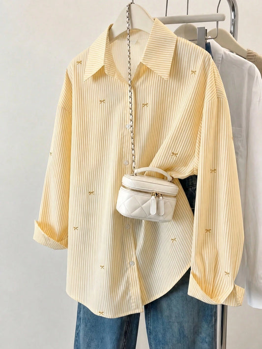 Women's Striped Color Block Shirt, Button Front, Casual Wear, Effortless Style Yellow, Smart Casual