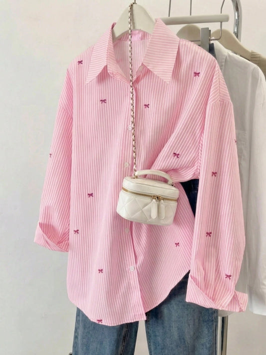 Women's Striped Color Block Shirt With Button Front, Casual Wear Pink, Chic & Elegant