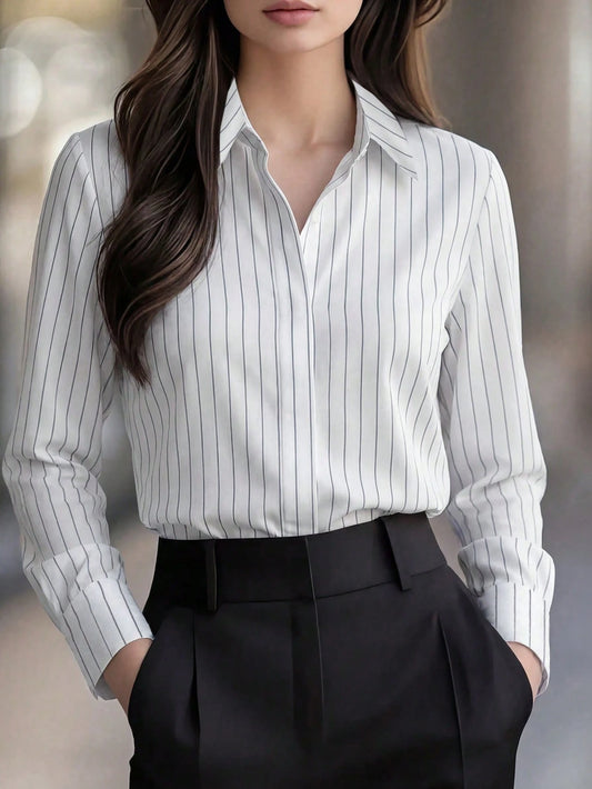 Women's Striped Long Sleeve Button-Up Shirt- Classic Collar Top, Suitable For Office, Weekend, Casual Work, All Seasons