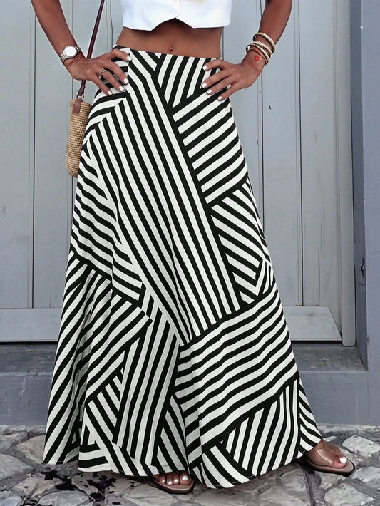 Women's Striped Print Elastic Waist A-Line Skirt, Striped Elegant Casual Polyester, Suitable For Office, Daily, Date, Travel, All Seasons, French Girl Style, Effortless Style