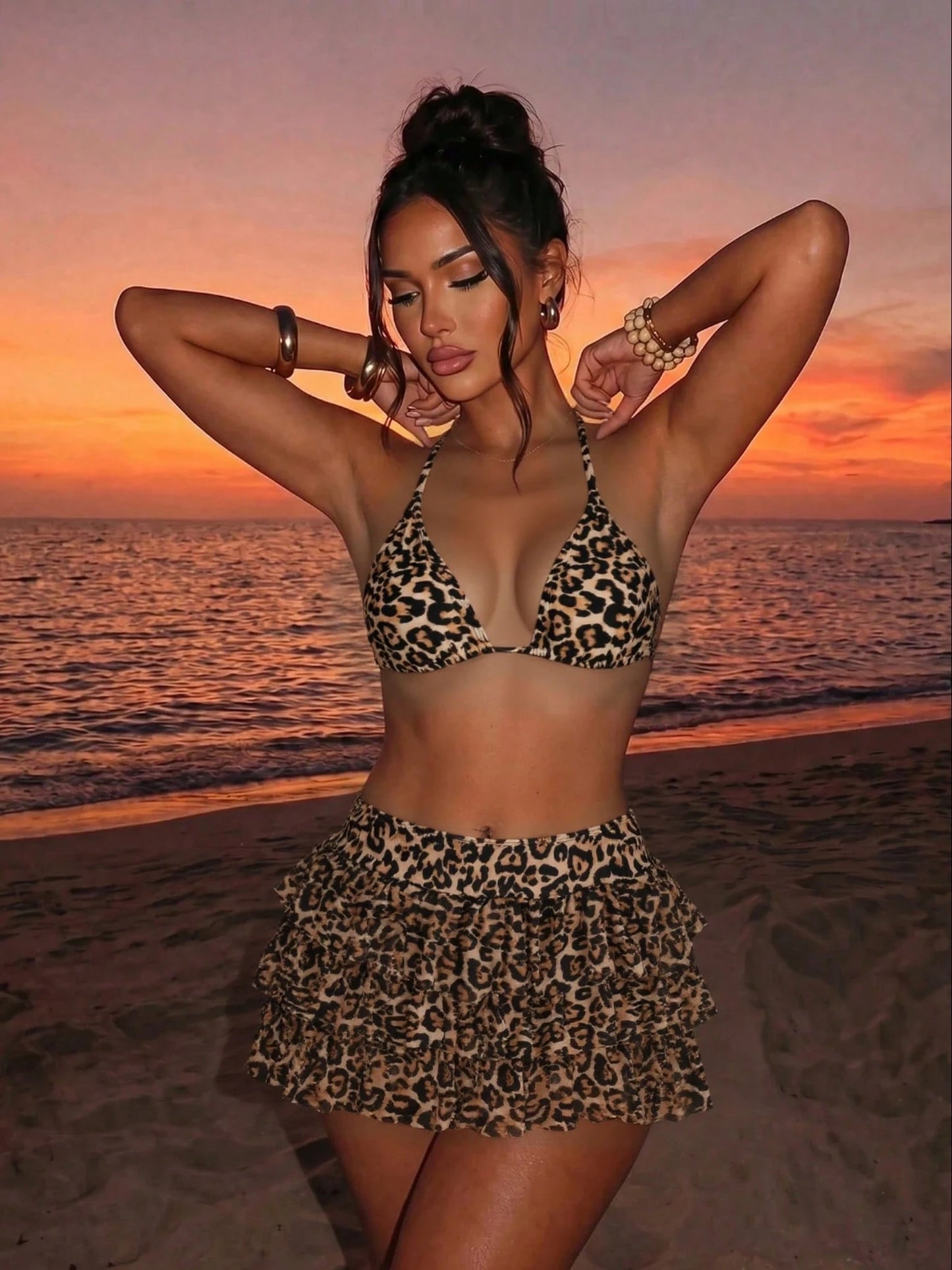 Women's Summer Beach Leopard Print Halter Tie Sexy Bikini Set With Matching Mini Skirt Vacation