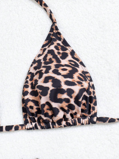 Women's Summer Beach Leopard Print Halter Tie Sexy Bikini Set With Matching Mini Skirt Vacation