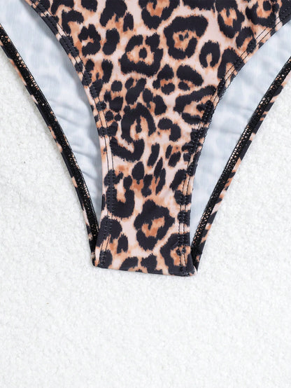 Women's Summer Beach Leopard Print Halter Tie Sexy Bikini Set With Matching Mini Skirt Vacation